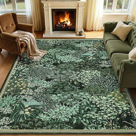 GarveeHome Forest Rugs 8x10, Green Washable 8x10 Area Rug for Living Room, Botanical Low Pile Non Slip Stain Resistance Large Carpet for Office Dining Room, Farmhouse