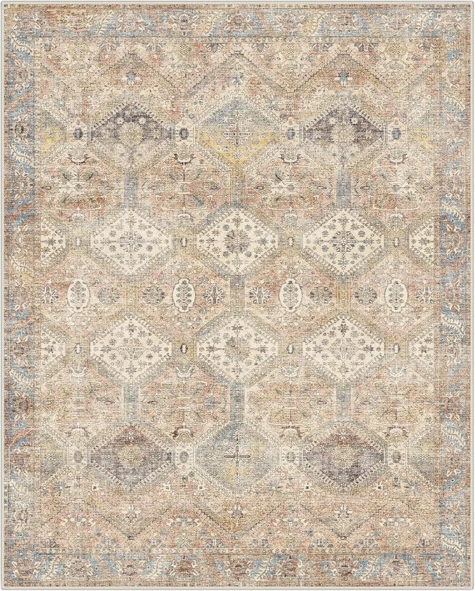 GENIMO 8x10 Area Rugs for Living Room, Machine Washable Non Slip Vintage Rugs, Low Pile Lightweight Print Rug for Bedroom, Dining Room, Home Office, Warm Brown