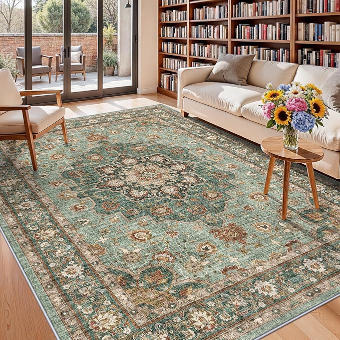 TOPRUUG Washable Oriental Area Rug - Green 9x11 Area Rugs for Living Room Bedroom Dining Room Under Kitchen Table - Non-Slip & Stain Resistance Rug for High Traffic Area (Green, 9x11)
