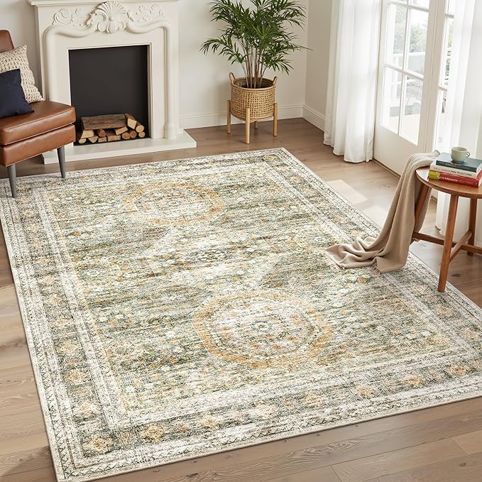 Soalmost 5x7 Area Rugs Green Orange Low Pile Indoor Washable Trendy Faded Style Rugs for Bedroom Living Room Dining Room Foldable Non-Slip Thin Print Mat