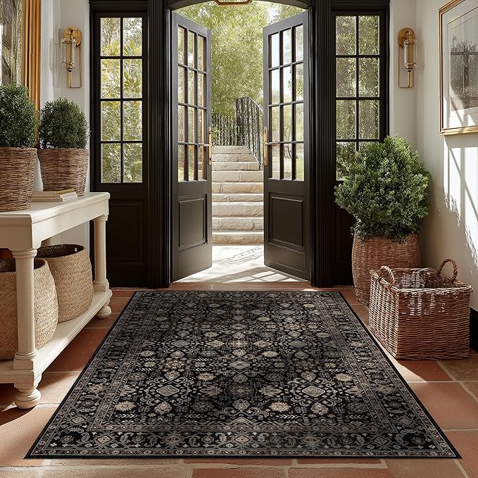 Ruaruarug Area Rug Non Slip Machine Washable Ultra Soft Living Room/Bedroom/Kitchen/Outdoor/Classroom Black Gold, 6'×9'