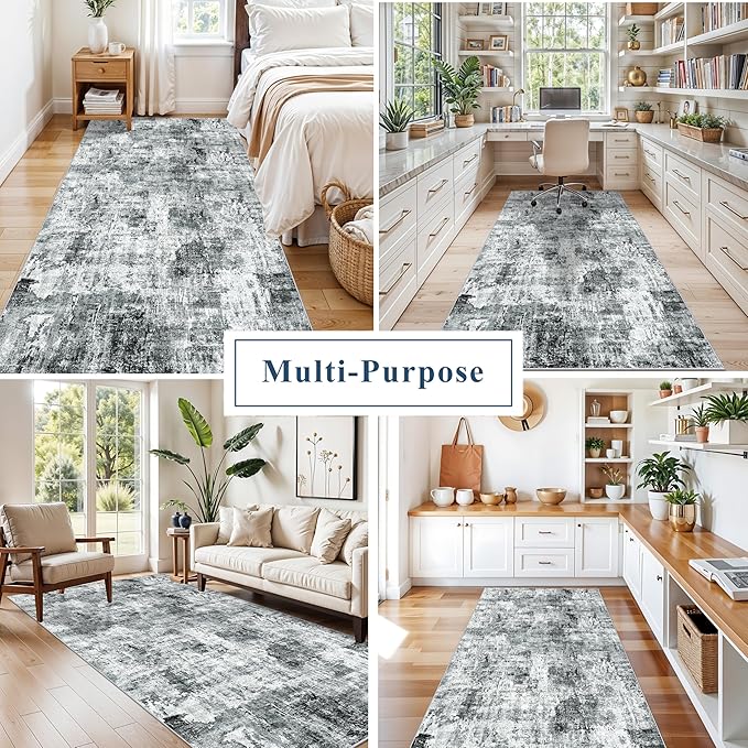 4x8 Washable Area Rug – Non-Slip Rubber Backed Indoor Rug for Entryway, Kitchen, Hallway | Modern Abstract Neutral Low Pile Thin Floor Mat for Bedroom, Living Room, Office（Grey）