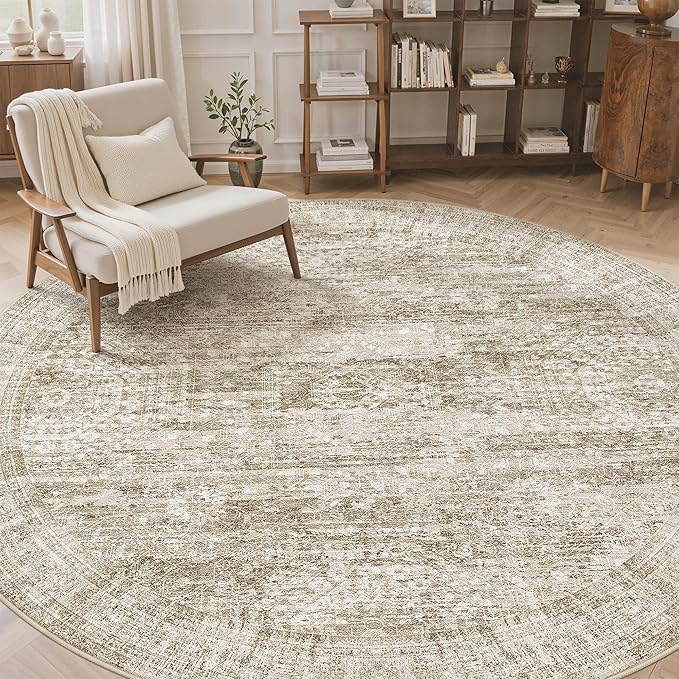 Soalmost 9x9 Brown Round Rug 9ft Living Room Circle Rug Vintage Round Area Rug Non Slip Indoor Carpet for Apartment