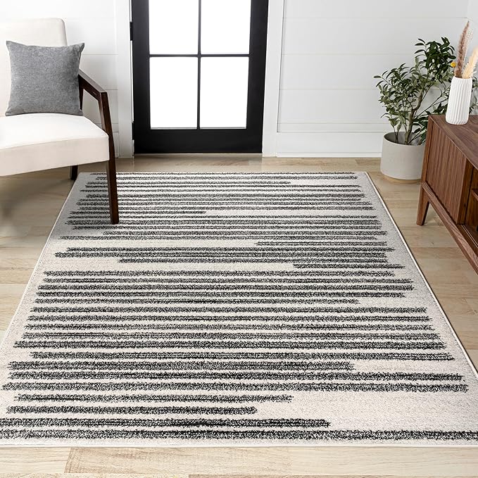 JONATHAN Y Khalil Modern Berber Stripe Cream/Black Indoor Area Rug, 5x8, Contemporary, Bohemian, Easy-Cleaning for Living Room, Bedroom, Kitchen, Pet Friendly, Non-Shedding (MOH207A-5)