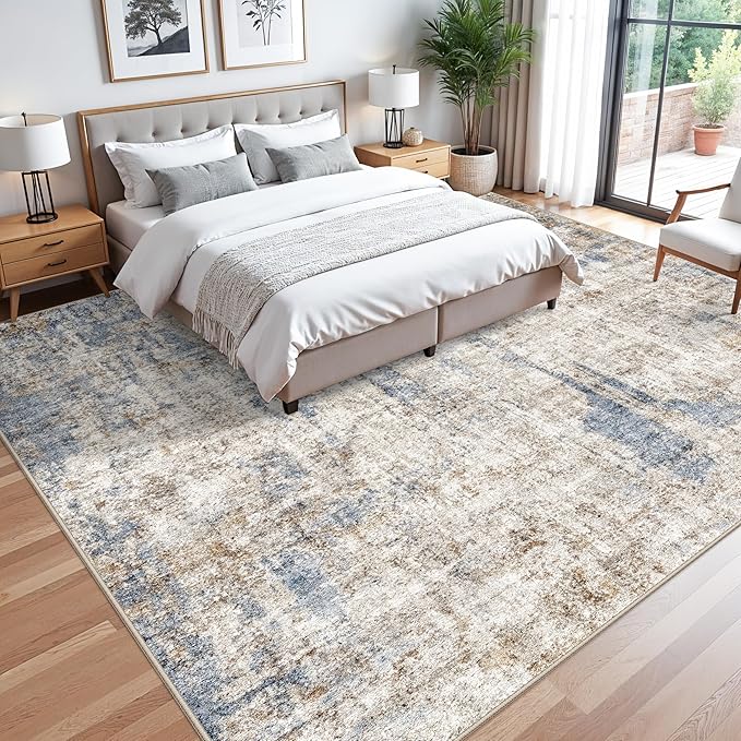 12x12ft Square Living Room Rug – Non-Slip Washable Extra Large Floor Carpet for Bedroom, Dining Room, Playroom Room – Modern Abstract Neutral Thin Low-Pile Big Indoor Rug (Blue Brown)