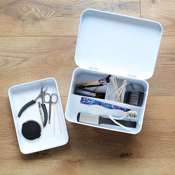 AQ Matte White & Black Metal Storage Box - Removable Tray, Multipurpose Tin with Secure Lid for Cosmetics, Makeup, Toiletries, First Aid - Cute First Aid Box Tin, Minimalist Design
