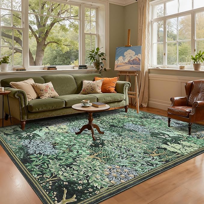 GarveeHome Forest Rugs 6x9, Blue Green Washable Area Rug for Living Room, Botanical Low Pile Non Slip Stain Resistance Woodland Area Rug for Farmhouse, Bedroom, Dining Room