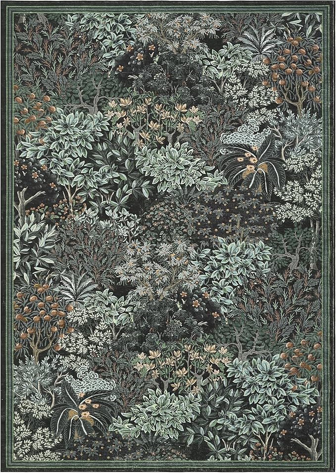 GarveeHome Forest Rugs 8x10, Black Green Washable 8x10 Area Rug for Living Room, Botanical Low Pile Non Slip Stain Resistance Large Carpet for Office Dining Room, Farmhouse