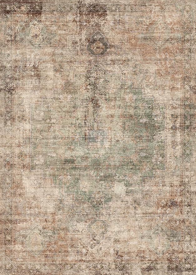 Hazo Haus Vintage Distressed Medallion Area Rug for Living Room – 10x12 Green Brown Large Washable Rug for Bedroom & Dining Room Under Table, Ultra-Thin Soft Non-Slip Lightweight Printed Design