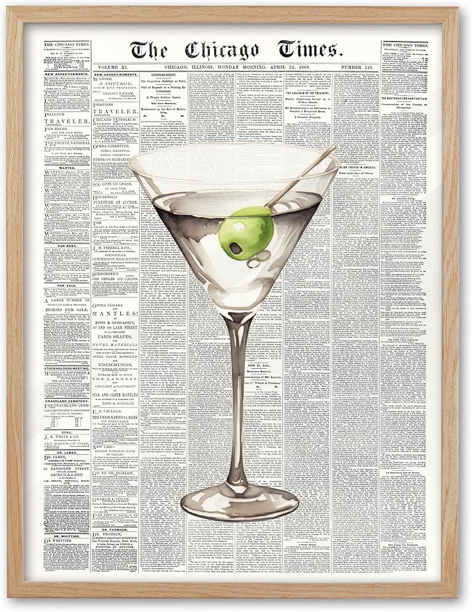 EcoHest Trendy Newspaper Martini Framed Wall Art, 12x16 in OAK Wood Retro Bar Cart Canvas Art, Magazine Aesthetic Apartment Art, Beige Logs Funky 70's Set of 1 for Bedroom Living Room