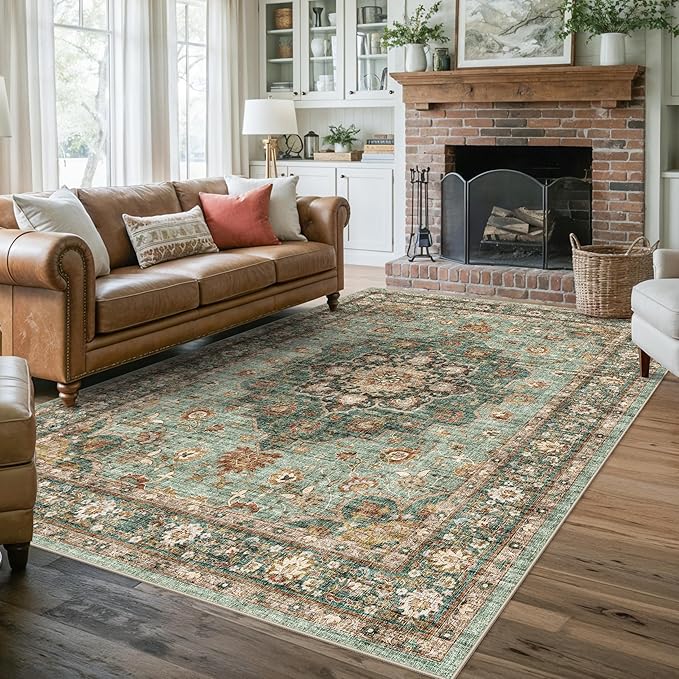 TOPRUUG Washable Oriental Area Rug - 6x9 Rugs for Living Room Soft Carpet for Bedroom Waterproof Floral Distressed Indoor Stain Resistant Non-Shedding Floor Carpets (Green, 6x9)