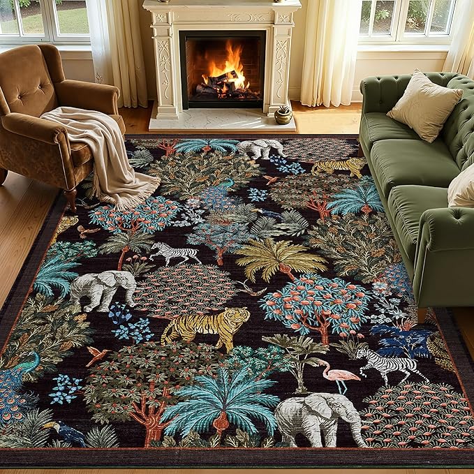GarveeHome Jungle Animal Print Rug 5x7 Washable Area Rugs for Living Room, Forest Rug Non Slip Low Pile Stain Resistance Large Throw Carpet for Bedroom Dining Room Kids Playroom Nursery, Black