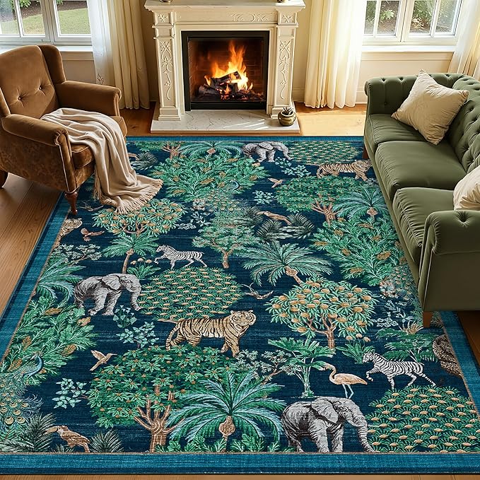 GarveeHome Jungle Animal Print Rug 5x7 Washable Area Rugs for Living Room, Forest Rug Non Slip Low Pile Stain Resistance Large Throw Carpet for Bedroom Dining Room Kids Playroom Nursery, Blue