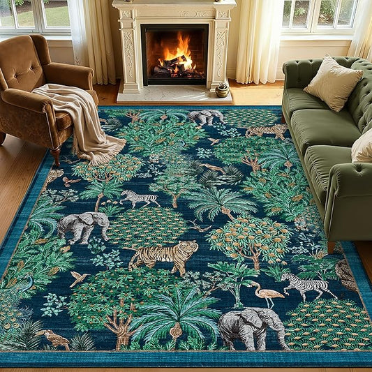 GarveeHome Jungle Animal Print Rug 5x7 Washable Area Rugs for Living Room, Forest Rug Non Slip Low Pile Stain Resistance Large Throw Carpet for Bedroom Dining Room Kids Playroom Nursery, Blue