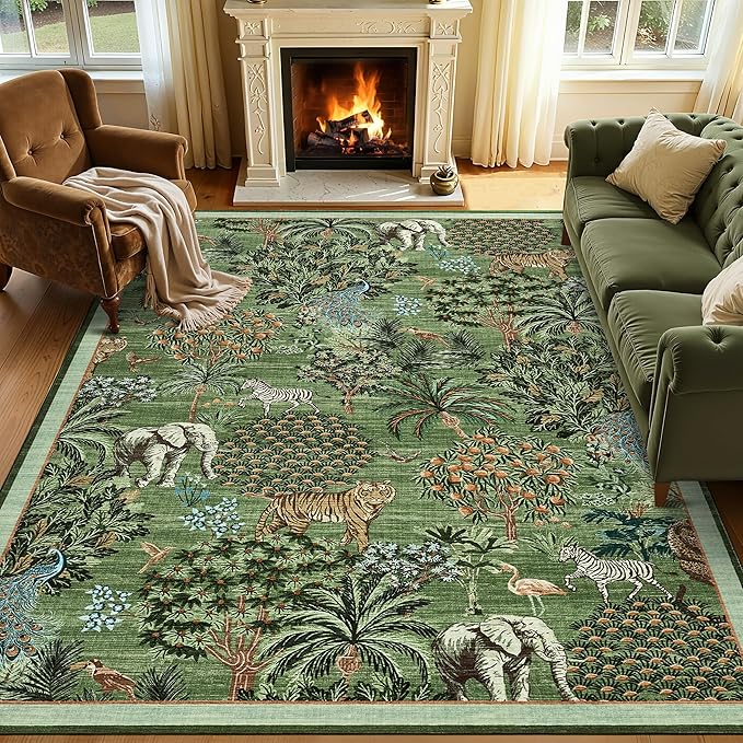 GarveeHome Jungle Rug 10x13 Washable Area Rugs for Living Room, Forest Green Animal Print Rug Non Slip Low Pile Stain Resistance Large Throw Carpet for Kids Bedroom Nursery Playroom Dining Room