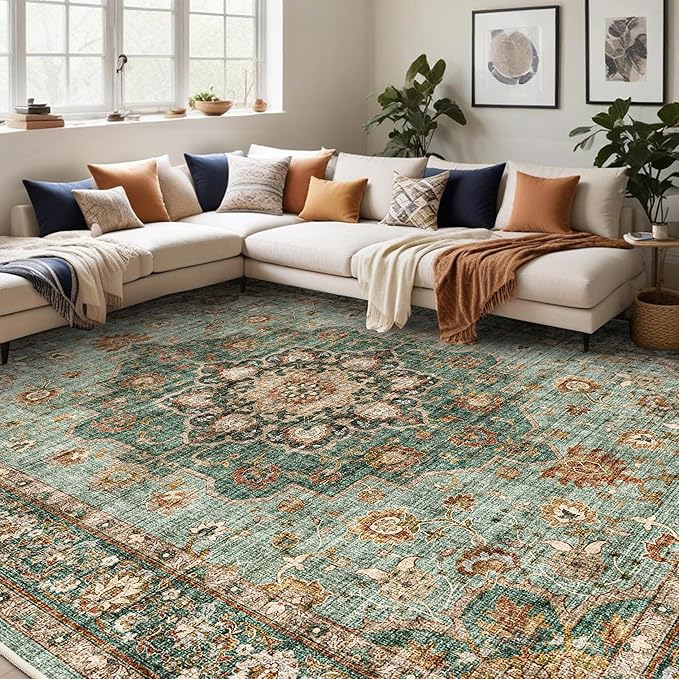 TOPRUUG Washable Oriental Area Rug - 12x18 Rugs for Living Room Soft Carpet for Bedroom Waterproof Floral Distressed Indoor Stain Resistant Non-Shedding Floor Carpets (Green, 12x18)