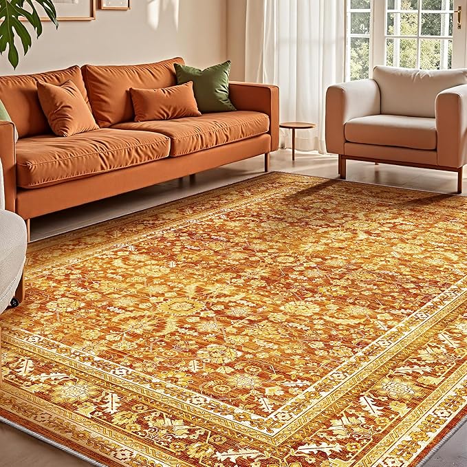 OPPODREAM Vintage Orange Area Rugs 8x10, 8 x 10 Retro Washable Rug Non Slip, Low-Pile Faux Wool Carpet, Distressed Floor Mat for Living Room, Bedroom, Office, Dorm, Dinning Room, Big & Large