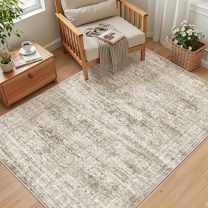 Soalmost 3x5 Rug, Small Area for Kitchen, Entryway, Machine Washable Non-Slip Throw Rug, Vintage Carpet for Nursery Coffee Table Brown