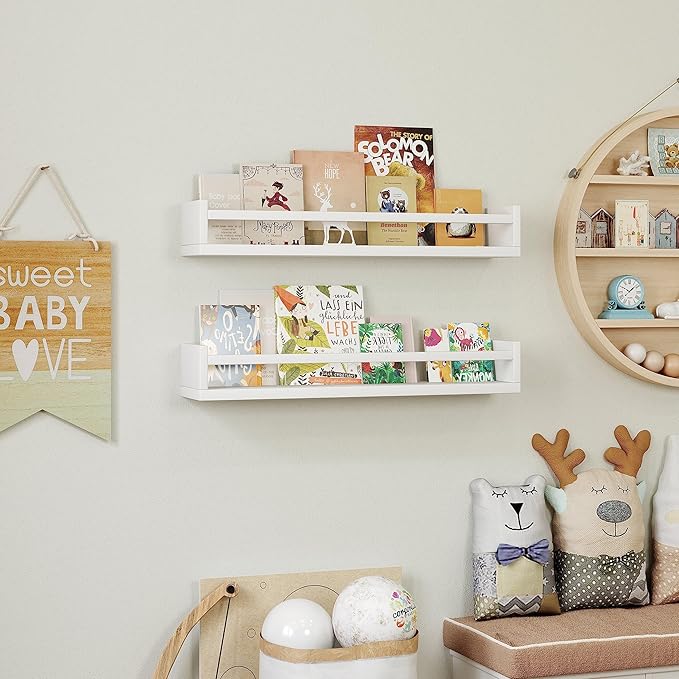 Onlysky Set of 4 Wall-Mounted Kid's Bookshelf - White Floating Nursery Book Shelves - Durable Wood Construction - Ideal for Nursery Decor, Kids Room, Toy Storage