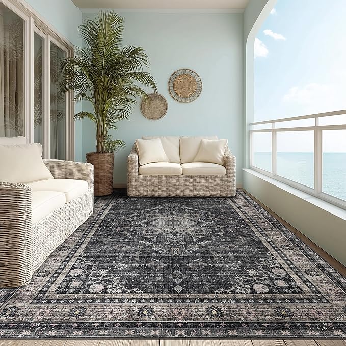 Ruaruarug Area Rug for Bedroom Living Room, Washable Non-Slip Foldable Waterproof, Soft for Office Dining Room Kids, Fluffy Easy to Clean, Decor Aesthetic Black Gray, 8'×10'