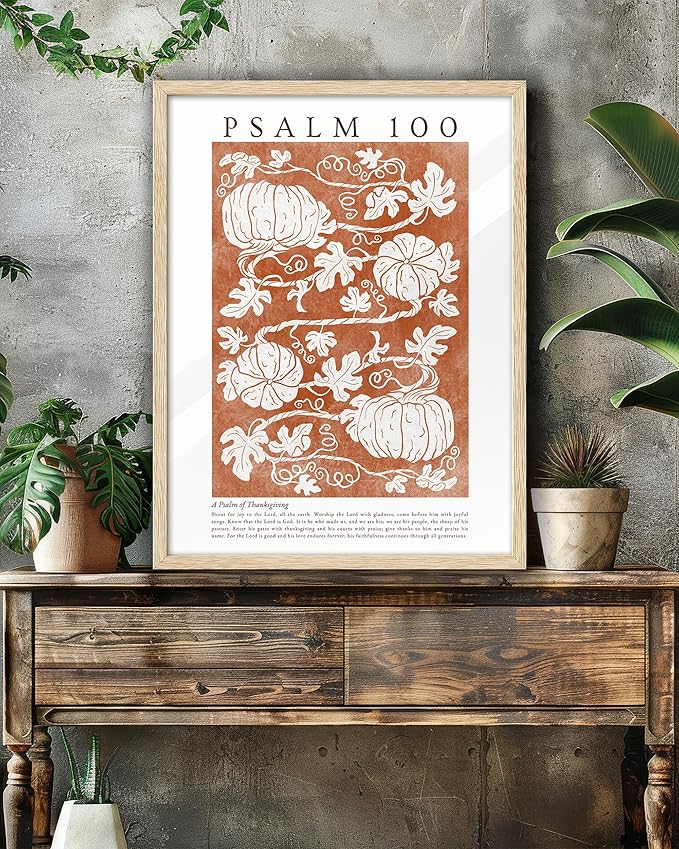 EcoHest Fall Botanical Pumpkins Framed Wall Art, 12x16 in OAK Wood Christian Psalm 100 Canvas Wall Art, Beige Logs A Psalm of Thanksgiving Home Decor Set of 1 for Bedroom Living Room