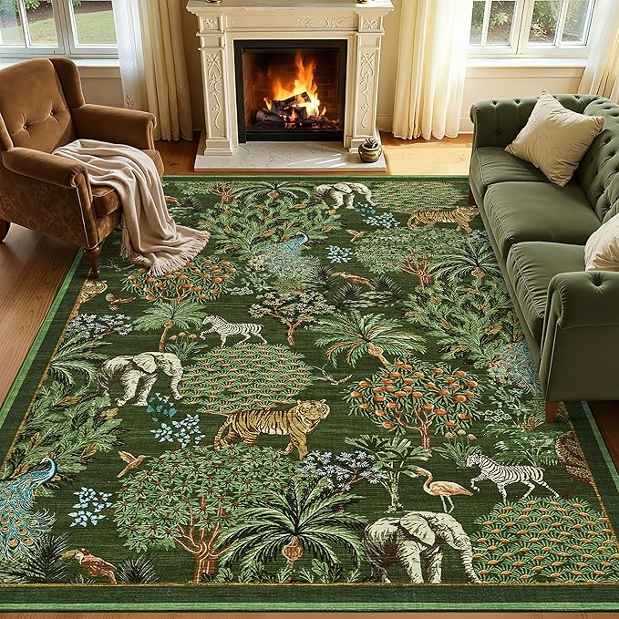 GarveeHome Jungle Animal Print Rug 5x7 Washable Area Rugs for Living Room, Forest Rug Non Slip Low Pile Stain Resistance Large Throw Carpet for Bedroom Dining Room Kids Playroom Nursery, Dark Green