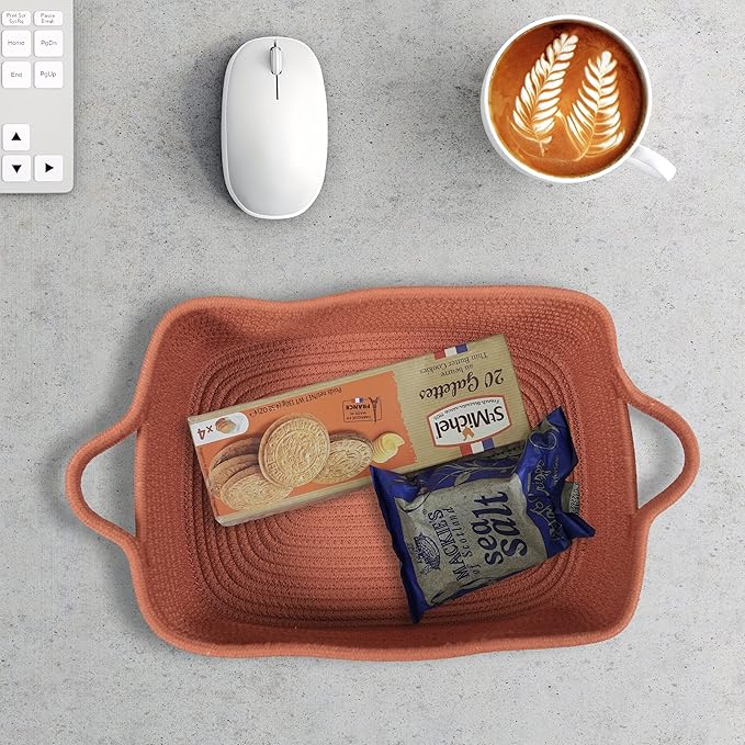XUANGUO Woven Cotton Rope Storage Basket with Handles for Organizing Shelves Closet Small Cat Dog Pet Toy Baskets Box Bin Decorative Rectangle Baby Nursery Basket Gift Basket Empty (Rust)