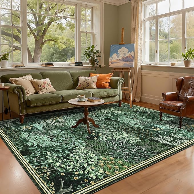 GarveeHome Forest Rugs 5x7, Green Washable Area Rugs for Living Room 5x7, Botanical Low Pile Non Slip Stain Resistance Woodland Rug for Farmhouse, Bedroom, Dining Room