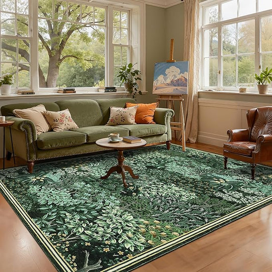 GarveeHome Forest Rugs 6x9, Green Washable Area Rug for Living Room, Botanical Low Pile Non Slip Stain Resistance Woodland Area Rug for Farmhouse, Bedroom, Dining Room