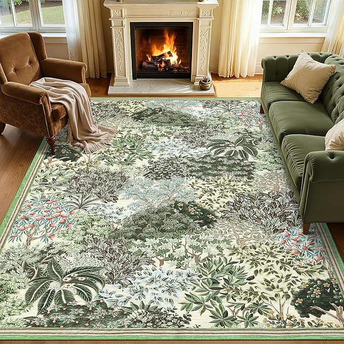 GarveeHome Forest Rugs 8x10, Beige Green Washable 8x10 Area Rug for Living Room, Botanical Low Pile Non Slip Stain Resistance Large Carpet for Office Dining Room, Farmhouse