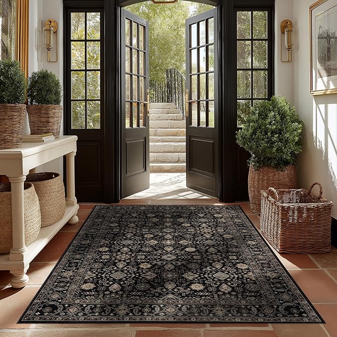 Ruaruarug Area Rug Non Slip Machine Washable Ultra Soft Living Room/Bedroom/Kitchen/Outdoor/Classroom Black Gold, 4'×6'