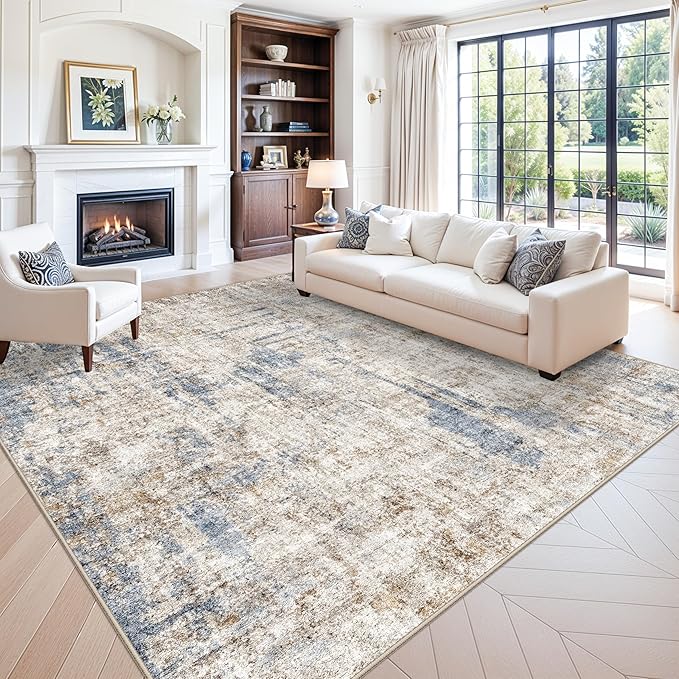 12x12ft Square Living Room Rug – Non-Slip Washable Extra Large Floor Carpet for Bedroom, Dining Room, Playroom Room – Modern Abstract Neutral Thin Low-Pile Big Indoor Rug (Blue Brown)