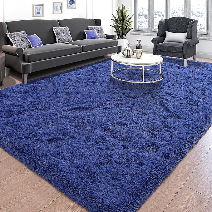 Tepook Fluffy Large Rugs for Living Room, Shag Area Rug 6x9 Soft Carpet for Bedroom, Modern Shaggy Rug for Kids Boys Girls, Plush Indoor Nursery Home Decor Rug with Non-Slip Bottom, Navy, 6 X 9 Feet