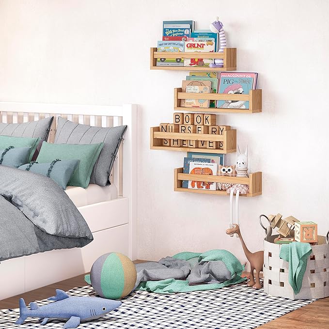 NATURE SUPPLIES Set of 4, Natural Wood Floating Nursery Book Shelves, 16.4" Floating Bookshelves, Wall Book Shelf for Kids Rooms Decor, Toys & Playroom Furniture, Kids Bookshelf, Nursery Bookshelf