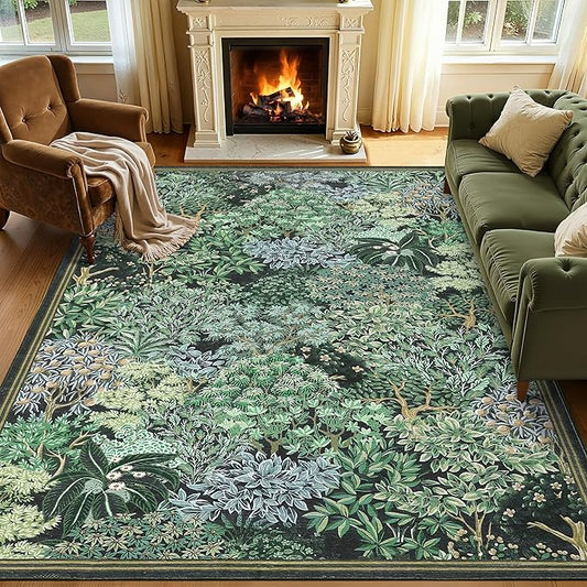 GarveeHome Forest Rugs 8x10, Blue Green Washable 8x10 Area Rug for Living Room, Botanical Low Pile Non Slip Stain Resistance Large Carpet for Office Dining Room, Farmhouse