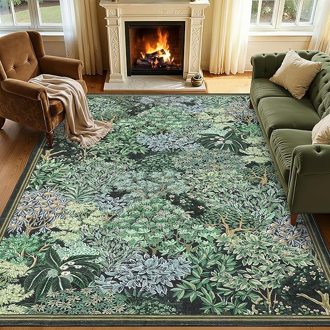 GarveeHome Forest Rugs 5x7, Blue Green Washable Area Rugs for Living Room 5x7, Botanical Low Pile Non Slip Stain Resistance Woodland Rug for Farmhouse, Bedroom, Dining Room