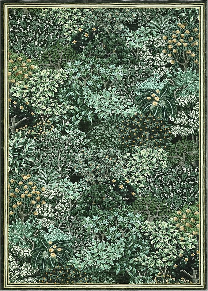 GarveeHome Forest Rug 9x12 Washable Area Rugs for Living Room, Botanical Low Pile Non Slip Stain Resistance Large Woodland Carpet for Office Dining Room Bedroom Farmhouse, Green