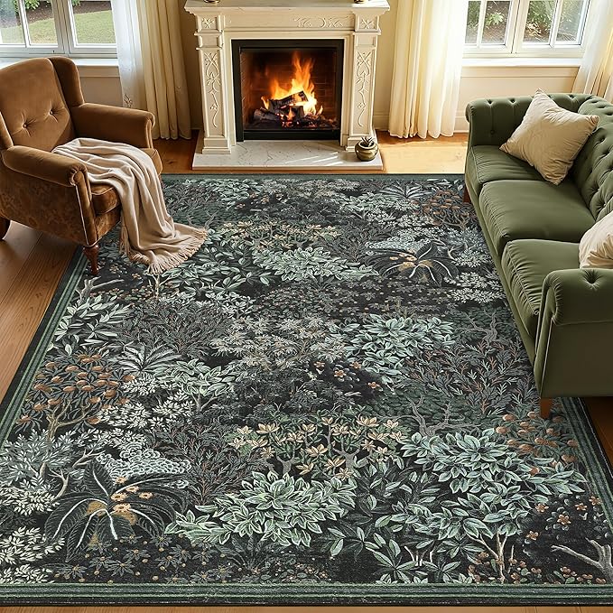 GarveeHome Forest Rugs 8x10, Black Green Washable 8x10 Area Rug for Living Room, Botanical Low Pile Non Slip Stain Resistance Large Carpet for Office Dining Room, Farmhouse