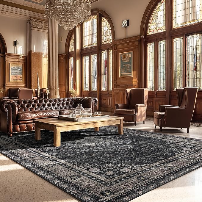 Ruaruarug Area Rug for Bedroom Living Room, Washable Non-Slip Foldable Waterproof, Soft for Office Dining Room Kids, Fluffy Easy to Clean, Decor Aesthetic Black Gray, 8'×10'