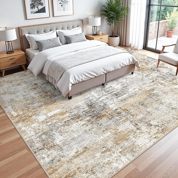 12x12ft Square Living Room Rug – Non-Slip Washable Extra Large Floor Carpet for Bedroom, Dining Room, Playroom Room – Modern Abstract Neutral Thin Low-Pile Big Indoor Rug (Gold Grey)