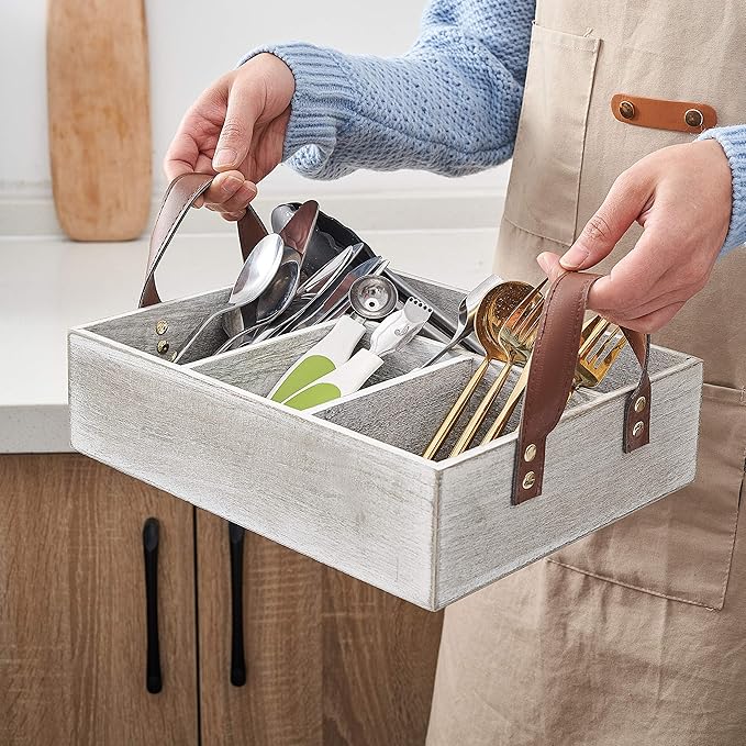 KMwares Paulownia Wooden Gray Rustic Wood Cube Storage Box with Light Brown Leather Handle, Open Top Organizer Bin Container for Kitchen, Bathroom, Office Desk, Makeup